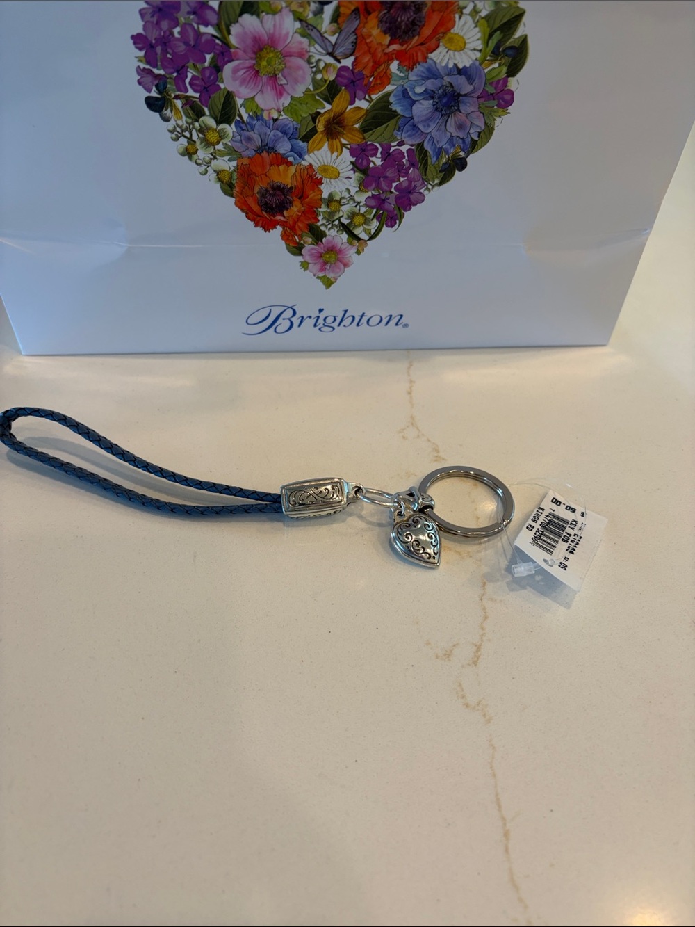 NWT Brighton Blue Braided Leather Heart Charm Wrist Keyring